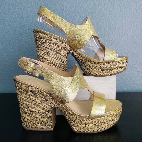 VIA SPIGA ~ “Flora” Gold Leather Platform Heels ~ 8M  EUC - Picture 2 of 14